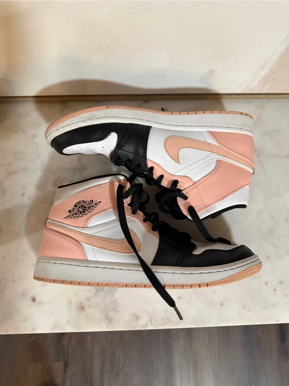 Nike Air Jordan 1 Crimson Tint Mid High-Top Sneakers in Peach, Black & White